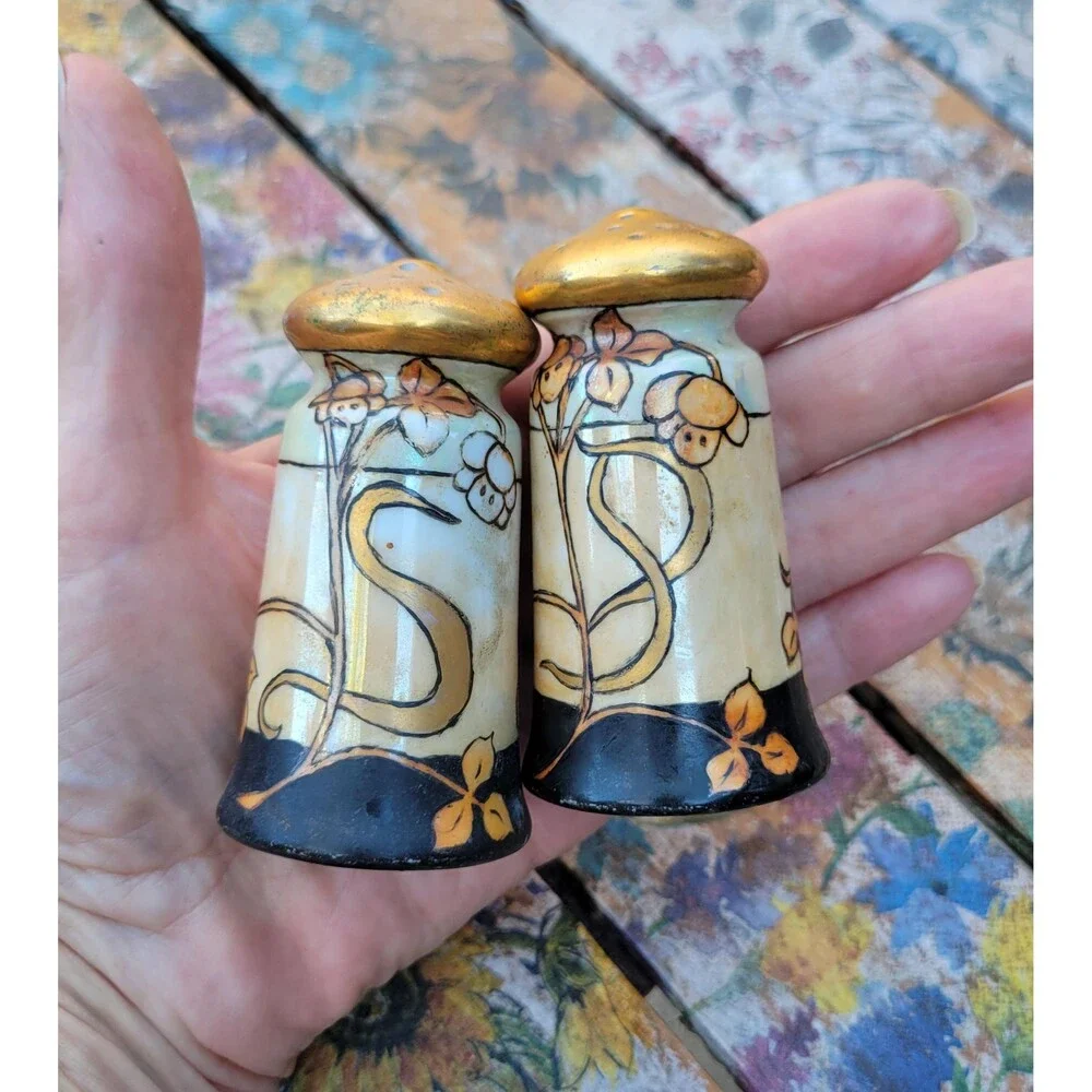 Art Nouveau 1920s Hand-Painted Porcelain Salt & Pepper Shakers - Gilded Gold Top